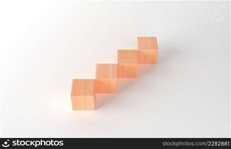 3d rendering business concept minimal. wood cube of arranged in a stairway to success your text banner. 3D render arrange lined up blank wooden cubes on white background copy space for input wording