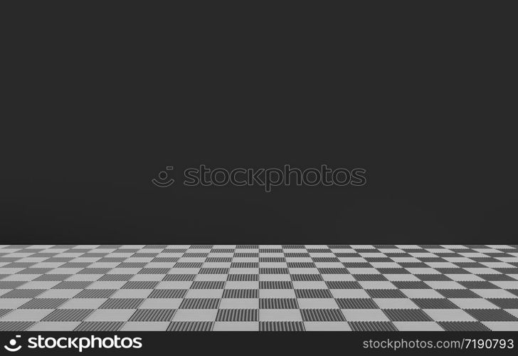 3d rendering. chess square tiles on the floor with dark gray color wall as background.