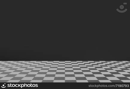 3d rendering. chess square tiles on the floor with dark gray color wall as background.