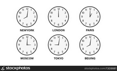 3d rendering. classical World time zone clocks on white background.