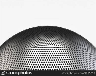 3d rendering. close up on metal Microphone head which covered by small circular holes mesh with copy space background.