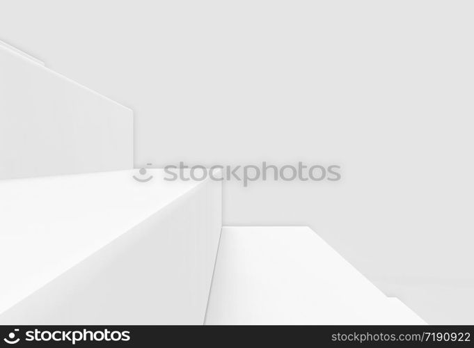 3d rendering. close up on white stair on copy space gray wall as background.