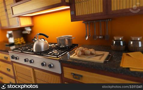3d rendering close-up view of modern kitchen with small depth of field