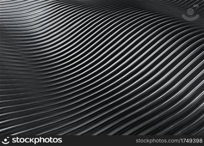 3D rendering closeup abstract black silver and white stripe slicing wavy background. Minimalism illustration concept. Graphic design wallpaper and backdrop