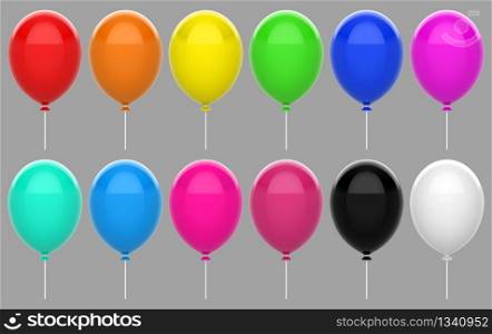 3d rendering. Colorful floating balloon set collection with clipping path isolated on gray background.