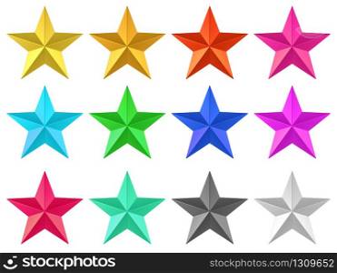 3d rendering. colorful Golden Five pointed star with clipping path set collection isolated on white background.
