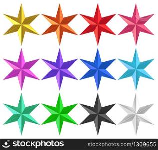 3d rendering. colorful Golden Six pointed star with clipping path set collection isolated on white background.