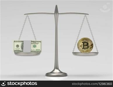 3d rendering. Comparison of US dollars currency and crypto bitcoin on balance scale.