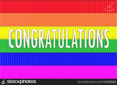 3d rendering. Congratulations word on Lgbt rainbow flag wall background.