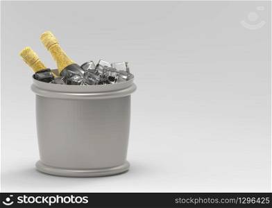 3d rendering. cooling champagne in ice bucket with gray copy space background.