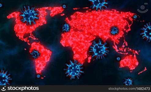 3D rendering Covid-19 virus or coronavirus spreading across world map (world pandemic)
