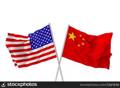 3d rendering. crossing China and USA national flags pole with clipping path isolated on white background.