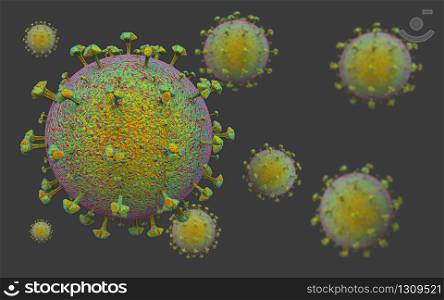 3d rendering. Dangerous green Covid-19 corona virus sign symbol with flowing many cells as background.