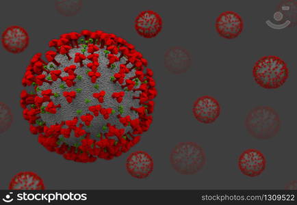 3d rendering. Dangerous Red Covid-19 corona virus sign symbol with flowing many cells as background.