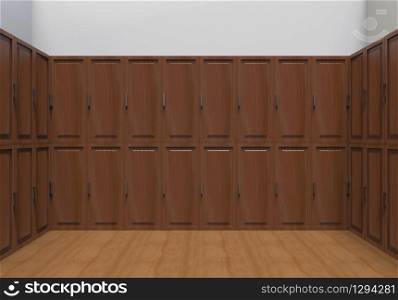 3d rendering. dark brown wooden locker row wall background.
