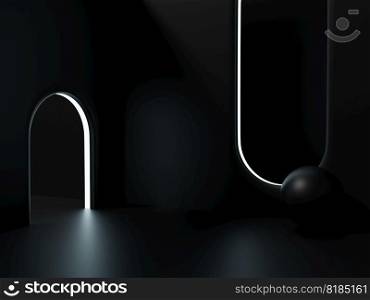 3D Rendering Dark Room Black Studio Shot Product Display Background with Geometric Shapes and Platforms for Gadgets Electronics or Technological Products.