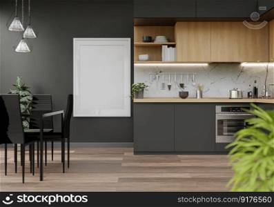 3d rendering decoration with mockup photo frame on the wall in kitchen and dinning area, grey concrete wall, wooden counter bar and dinning table with black chairs