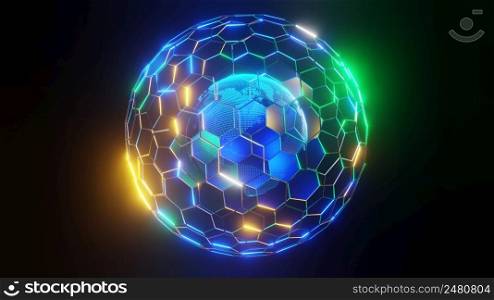 3D Rendering. Digital planet. Blue glowing hexagonal mesh. Global network and communication concept. Earth globe business high tech background. 3D Rendering. Digital planet. Blue glowing hexagonal mesh
