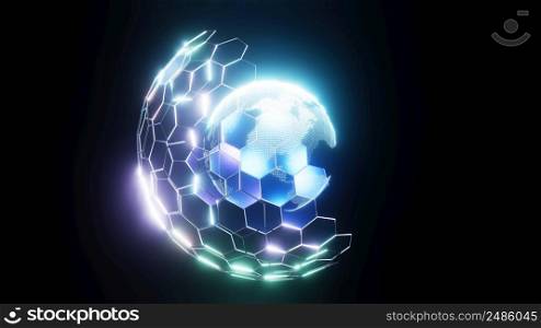 3D Rendering. Digital planet. Blue glowing hexagonal mesh. Global network and communication concept. Earth globe business high tech background. 3D Rendering. Digital planet. Blue glowing hexagonal mesh