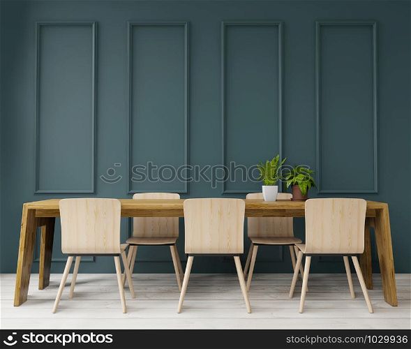 3d rendering Dinning table in big room.interior design, art deco style,green wall for mock up and copy space