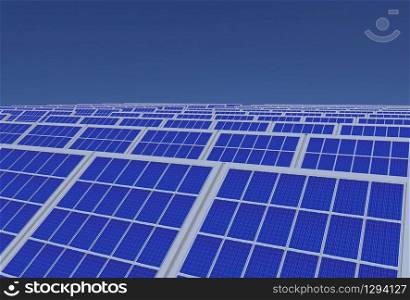 3d rendering. electirc energy generator system, solar cells panels field with copy space blue sky as background.