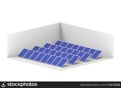 3d rendering. electric energy generator system, solar cells panels field farm industry simulator room box with clipping path isolated on white background.