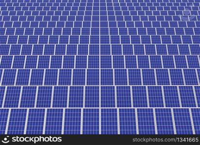 3d rendering. electric energy generator system, solar cells panels field farm industry background.
