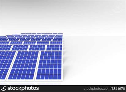 3d rendering. electric energy generator system, solar cells panels field farm industry on white background.