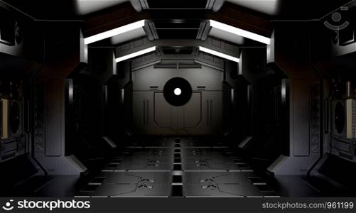 3D rendering elements of this image furnished by NASA,dark Spaceship interior with view,tunnel,corridor