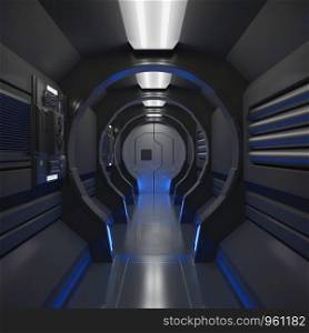 3D rendering elements of this image furnished ,Spaceship black interior with view,tunnel,corridor,blue light