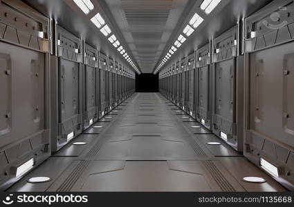 3D rendering elements of this image furnished ,Spaceship metalic interior with view,tunnel,corridor,light copy space,nobody