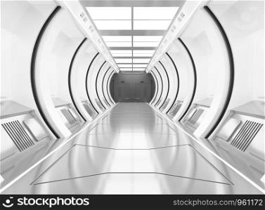 3D rendering elements of this image furnished ,Spaceship white and delight interior with view,tunnel,corridor