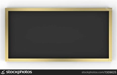 3d rendering. Empty black rectangle shape board golden frame on gray background.