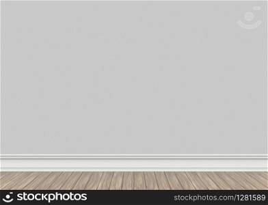 3d rendering. Empty gray wall and wood panel floor background.