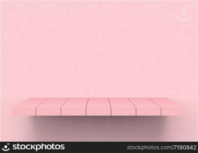 3d rendering. Empty lovely pink wood panel plate shelf on copy space background. can put any product on it.