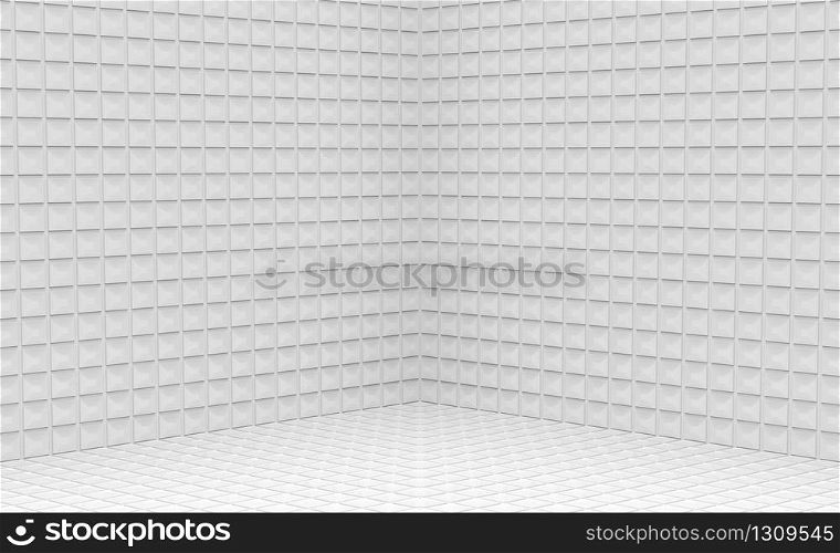 3d rendering. empty modern small square grid pattern ceramic tiles corner wall design background.