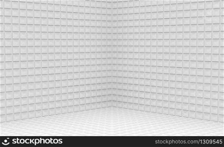 3d rendering. empty modern small square grid pattern ceramic tiles corner wall design background.