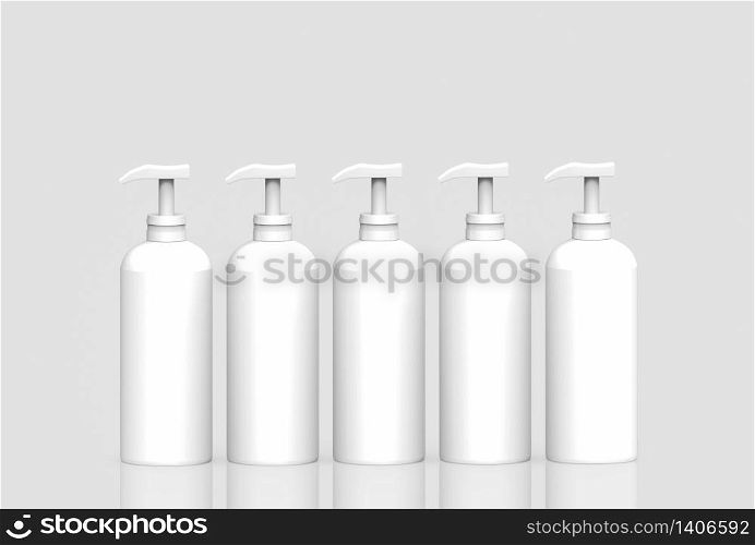 3d rendering. Empty no label white plastic liquid bottle row on gray background.