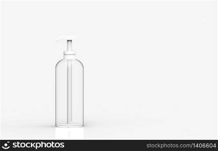 3d rendering. Empty no label white transparent liquid glass bottle on gray background.