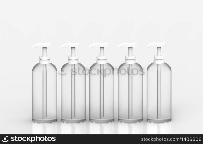 3d rendering. Empty no label white transparent liquid glass bottle row on gray background.