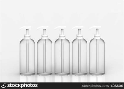 3d rendering. Empty no label white transparent liquid glass bottle row on gray background.