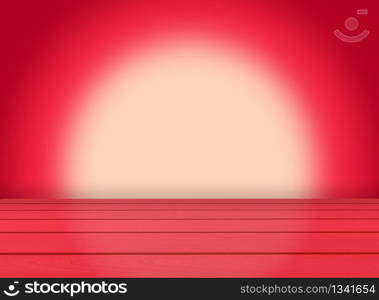 3d rendering. empty red tone color wood panel in montage style with gradient wall background.