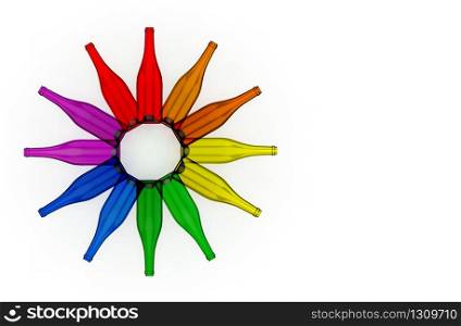 3d rendering. empty transparent LGBT rainbow color wine bottle glass in star shape row on white background.