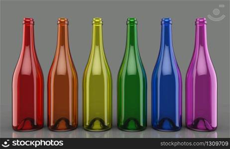3d rendering. empty transparent LGBT rainbow color wine bottle glass row on gray background.