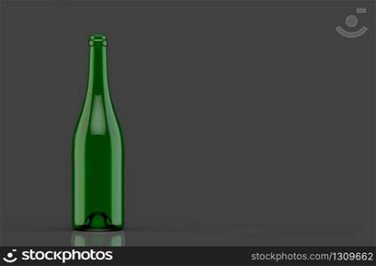 3d rendering. Empty transparent red wine bottle green glass on dark gray background.