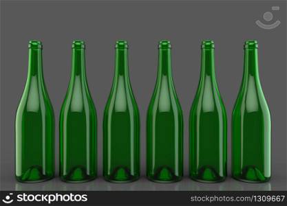 3d rendering. Empty transparent red wine bottle green glass row on dark gray background.