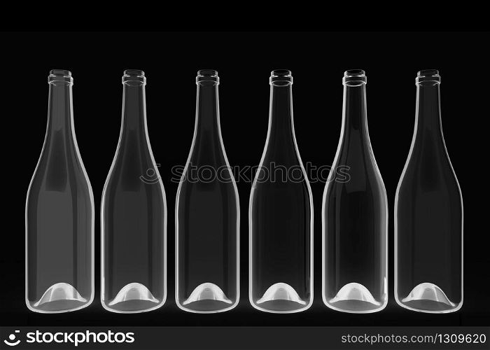 3d rendering. empty transparent wine bottle glass row on black background.