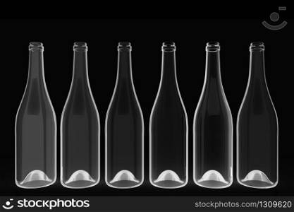 3d rendering. empty transparent wine bottle glass row on black background.