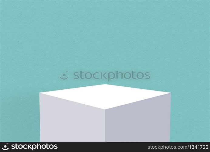 3d rendering. empty white cube box with blue sapphire color tone cement wall design background.