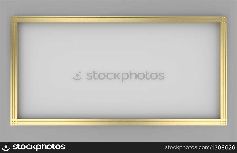 3d rendering. Empty white rectangle shape board gold frame on gray background.